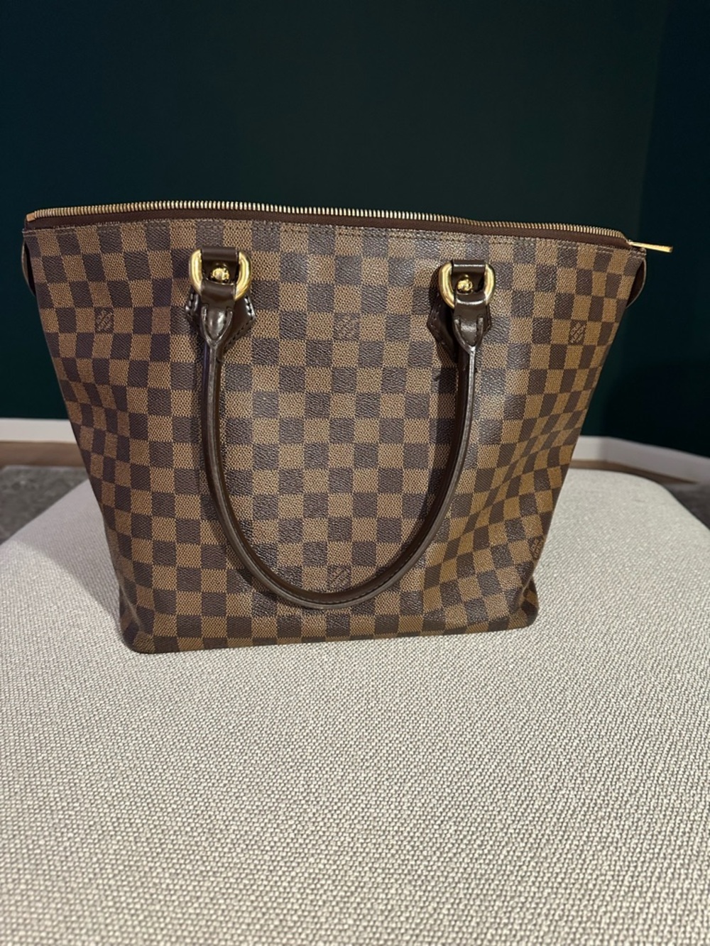 Louis Vuitton Brown Checkered Tote with Gold Hardware